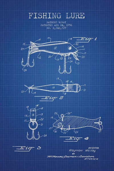 Sports Blueprints: Raymond McVay Fishing Lure Patent Sketch (Blue Grid) I by Aged Pixel