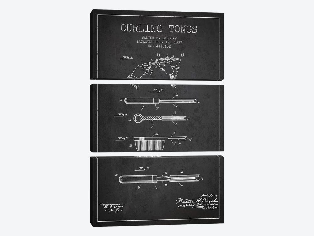 Curling Tongs Charcoal Patent Blueprint by Aged Pixel 3-piece Canvas Art Print