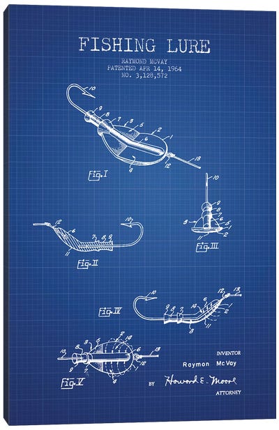 Raymond McVay Fishing Lure Patent Sketch (Blue Grid) II Canvas Art Print