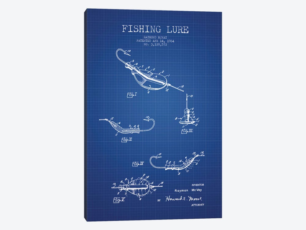 Raymond McVay Fishing Lure Patent Sketch (Blue Grid) II by Aged Pixel 1-piece Canvas Print