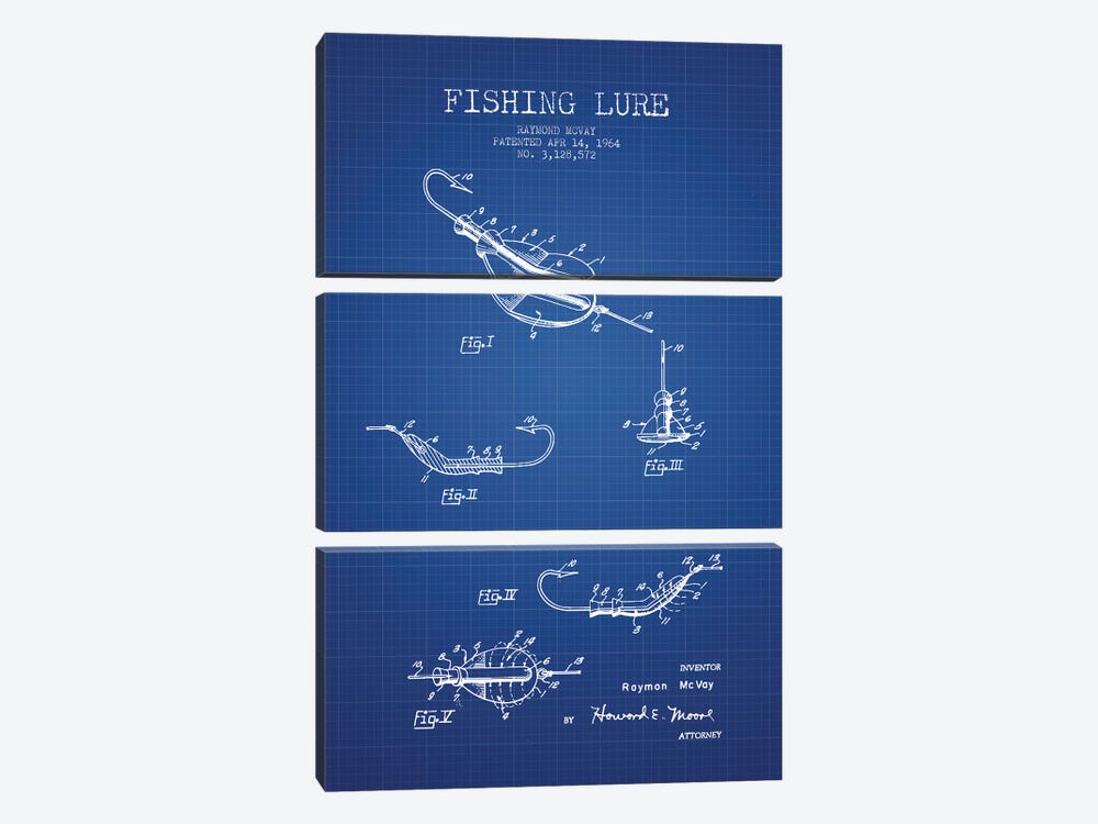 Raymond McVay Fishing Lure Patent Sketch (Blue Grid) II by Aged Pixel 3-piece Art Print