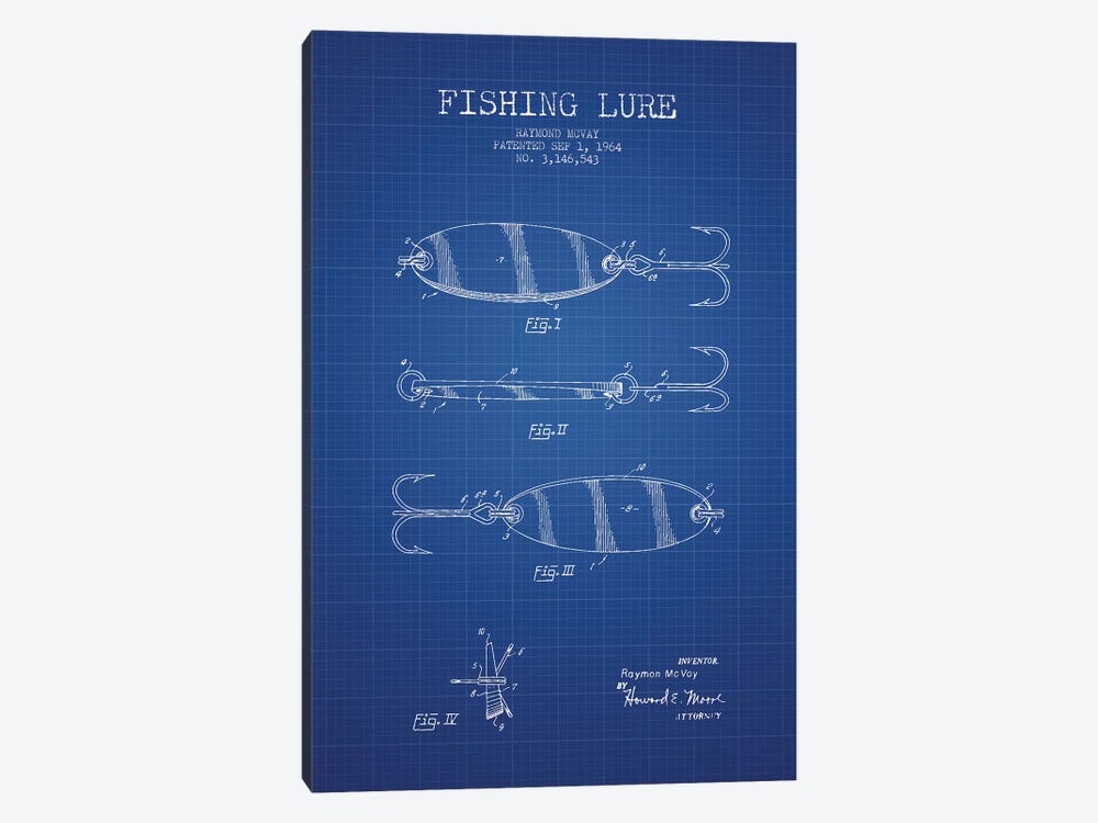 Raymond McVay Fishing Lure Patent Sketch (Blue Grid) III by Aged Pixel 1-piece Canvas Wall Art