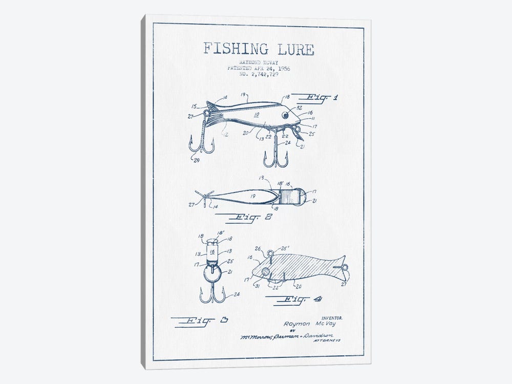 Raymond McVay Fishing Lure Patent Sketch (Ink) I by Aged Pixel 1-piece Canvas Art Print