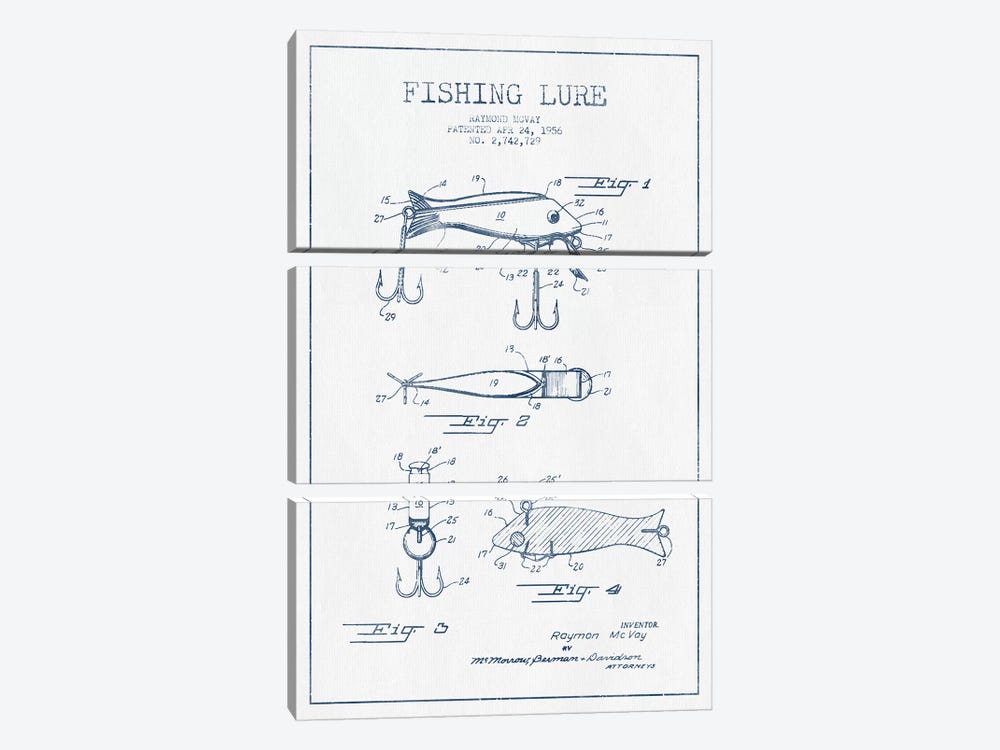 Raymond McVay Fishing Lure Patent Sketch (Ink) I by Aged Pixel 3-piece Canvas Print