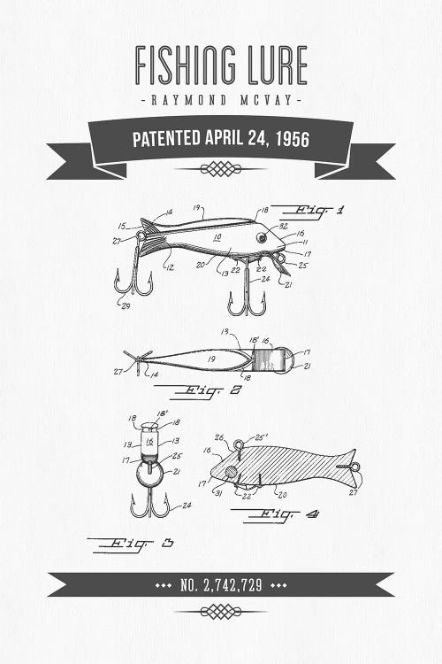 Raymond McVay Fishing Lure Patent Sketch Retro (Charcoal) I by Aged Pixel wall art