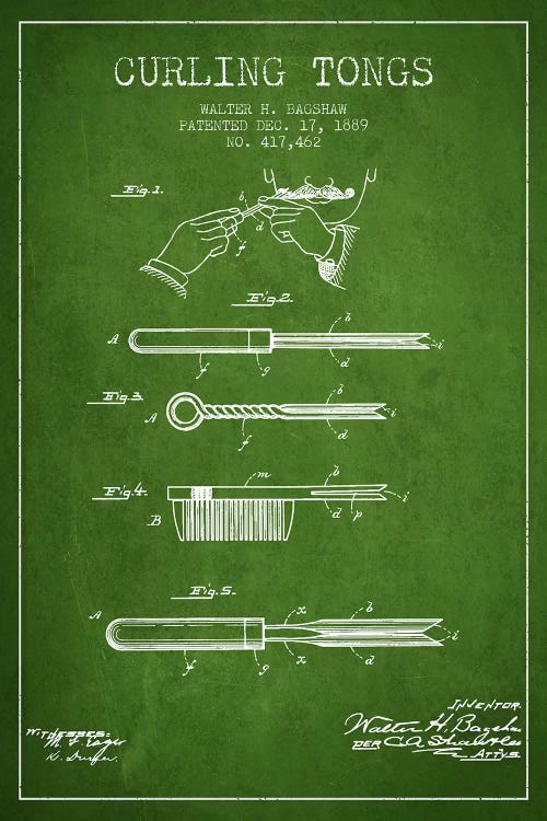 Curling Tongs Green Patent Blueprint by Aged Pixel wall art