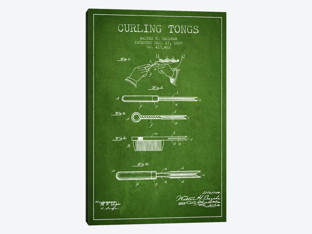 Curling Tongs Green Patent Blueprint by Aged Pixel 1-piece Canvas Art