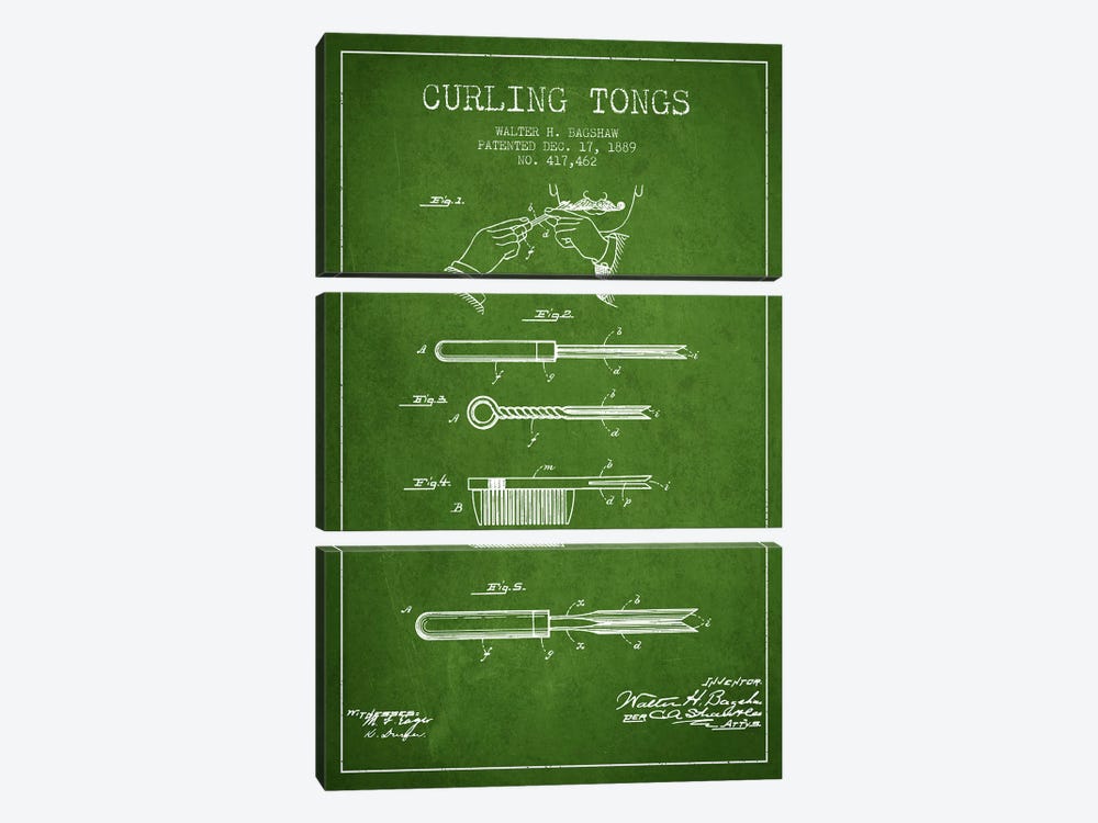 Curling Tongs Green Patent Blueprint by Aged Pixel 3-piece Canvas Wall Art