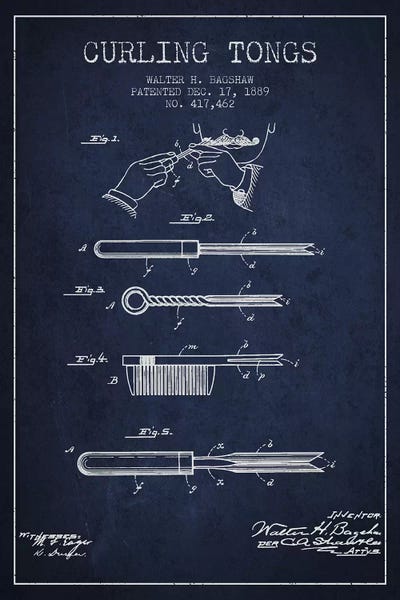 Curling Tongs Navy Blue Patent Blueprint by Aged Pixel framed canvas print