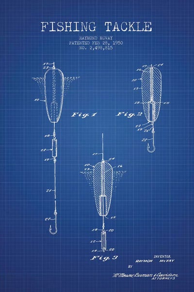 Raymond McVay Fishing Tackle Patent Sketch (Blue Grid) by Aged Pixel canvas print