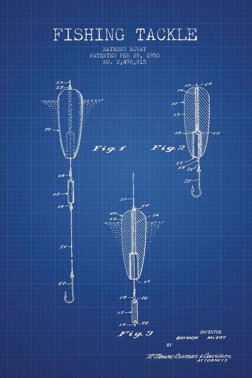 Raymond McVay Fishing Tackle Patent Sketch (Blue Grid)