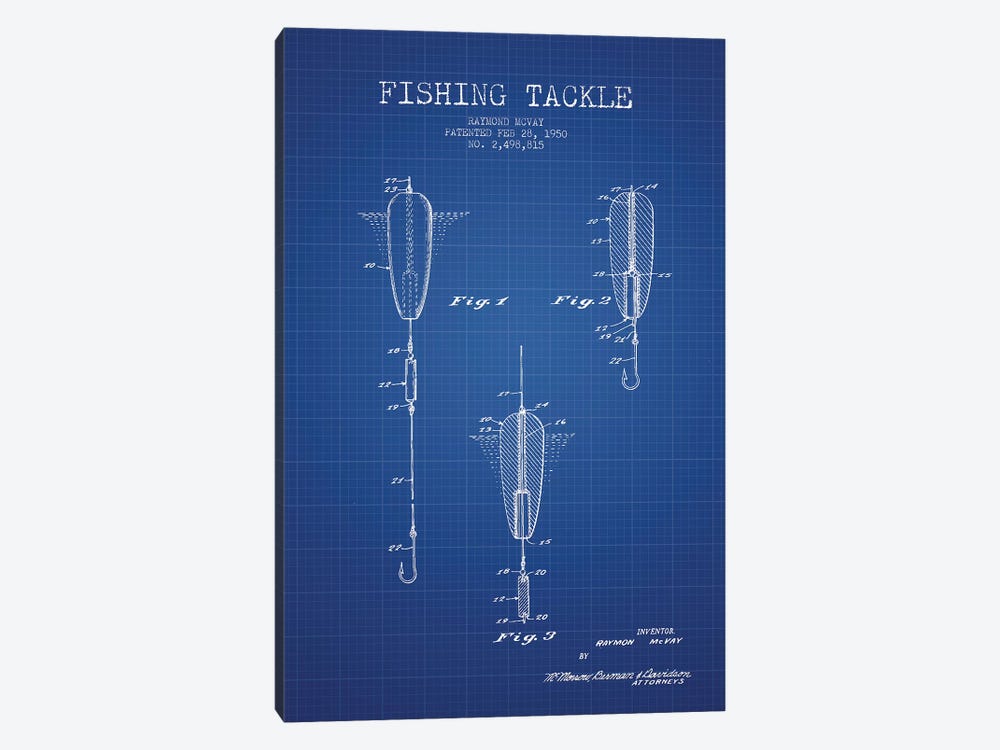 Raymond McVay Fishing Tackle Patent Sketch (Blue Grid) by Aged Pixel 1-piece Canvas Art Print
