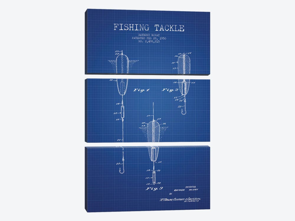 Raymond McVay Fishing Tackle Patent Sketch (Blue Grid) by Aged Pixel 3-piece Canvas Art Print