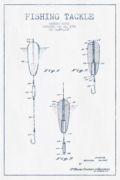 Raymond McVay Fishing Tackle Patent Sketch (Ink) by Aged Pixel wall art