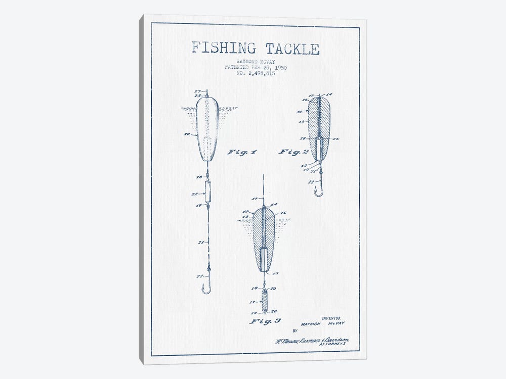 Raymond McVay Fishing Tackle Patent Sketch (Ink) by Aged Pixel 1-piece Canvas Wall Art