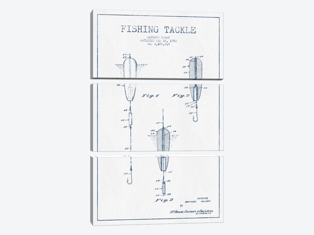 Raymond McVay Fishing Tackle Patent Sketch (Ink) by Aged Pixel 3-piece Canvas Wall Art