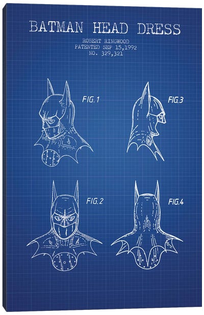 Robert Ringwood Batman Head Dress Patent Sketch (Blue Grid) Canvas Art Print - Kids Character Art
