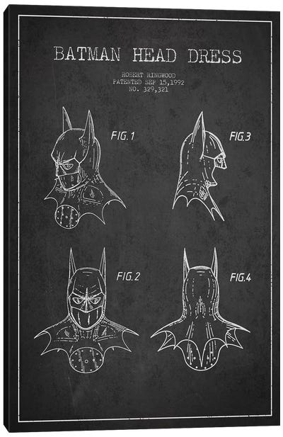 Robert Ringwood Batman Head Dress Patent Sketch (Charcoal) Canvas Art Print - Kids Character Art