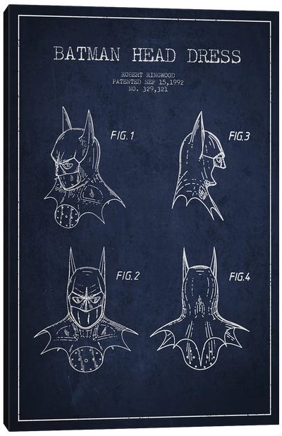 Robert Ringwood Batman Head Dress Patent Sketch (Navy Blue) Canvas Art Print - Justice League