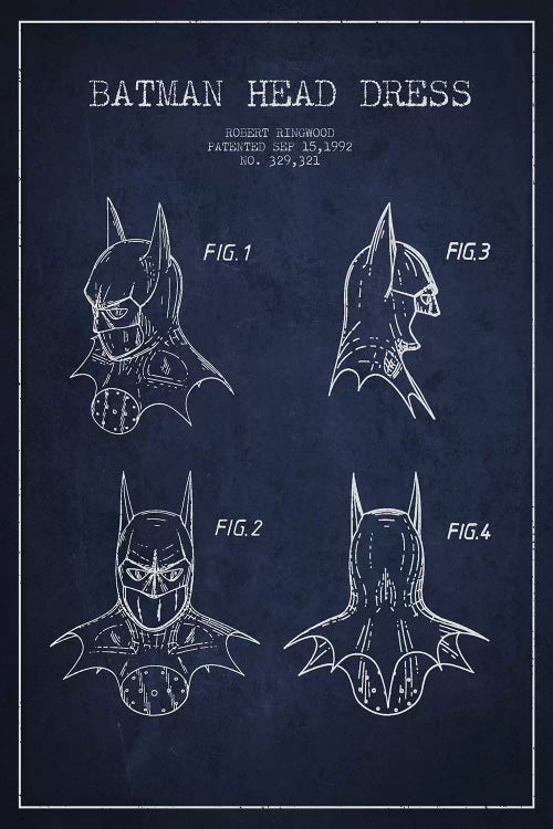 Robert Ringwood Batman Head Dress Patent Sketch (Navy Blue) by Aged Pixel wall art