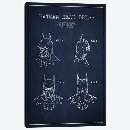 Robert Ringwood Batman Head Dress Patent Sketch (Navy Blue) Canvas Print #ADP3106} by Aged Pixel Art Print