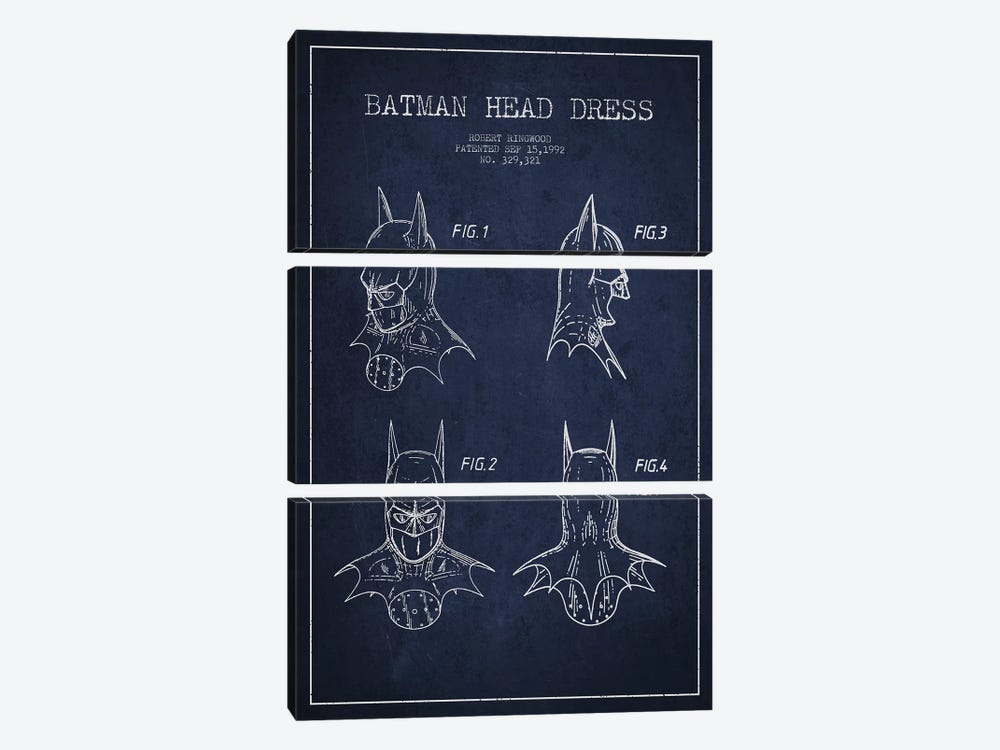 Robert Ringwood Batman Head Dress Patent Sketch (Navy Blue) by Aged Pixel 3-piece Canvas Print