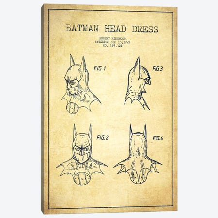 Robert Ringwood Batman Head Dress Patent Sketch (Vintage) Canvas Print #ADP3107} by Aged Pixel Canvas Print