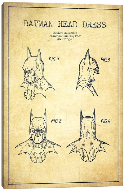 Robert Ringwood Batman Head Dress Patent Sketch (Vintage) Canvas Art Print - Kids' Favorite Characters