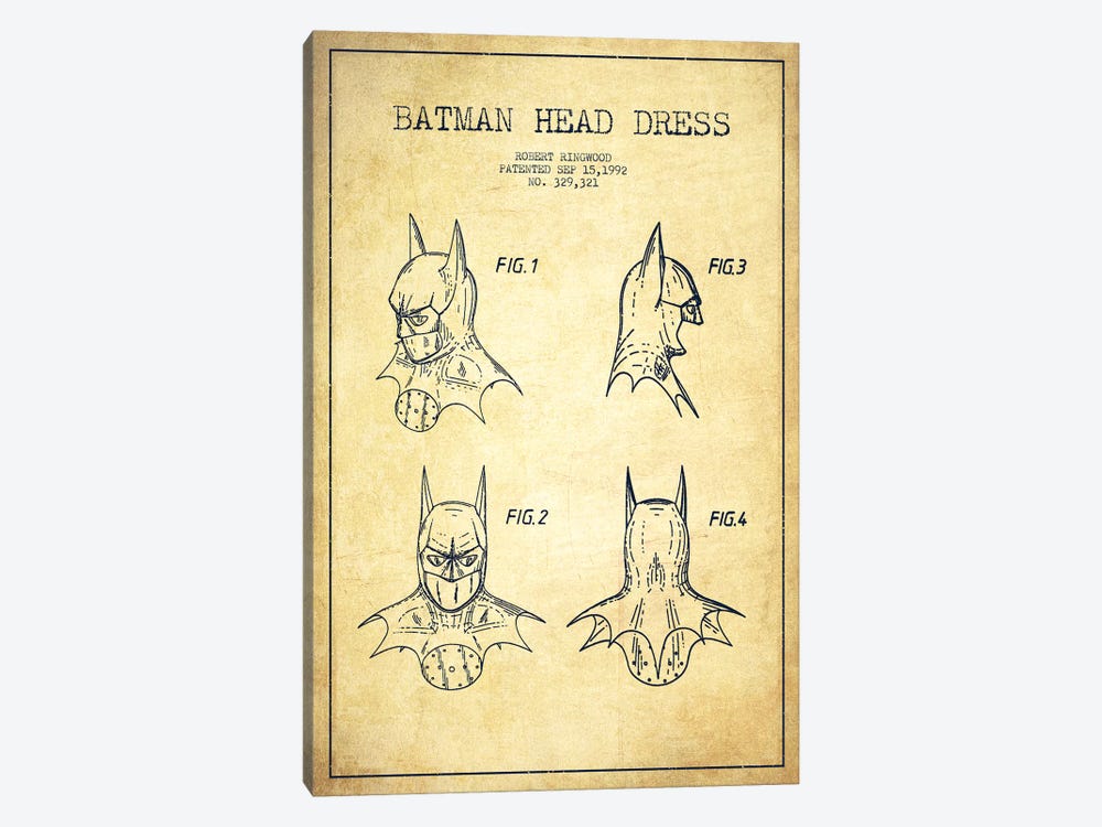 Robert Ringwood Batman Head Dress Patent Sketch (Vintage) by Aged Pixel 1-piece Canvas Art