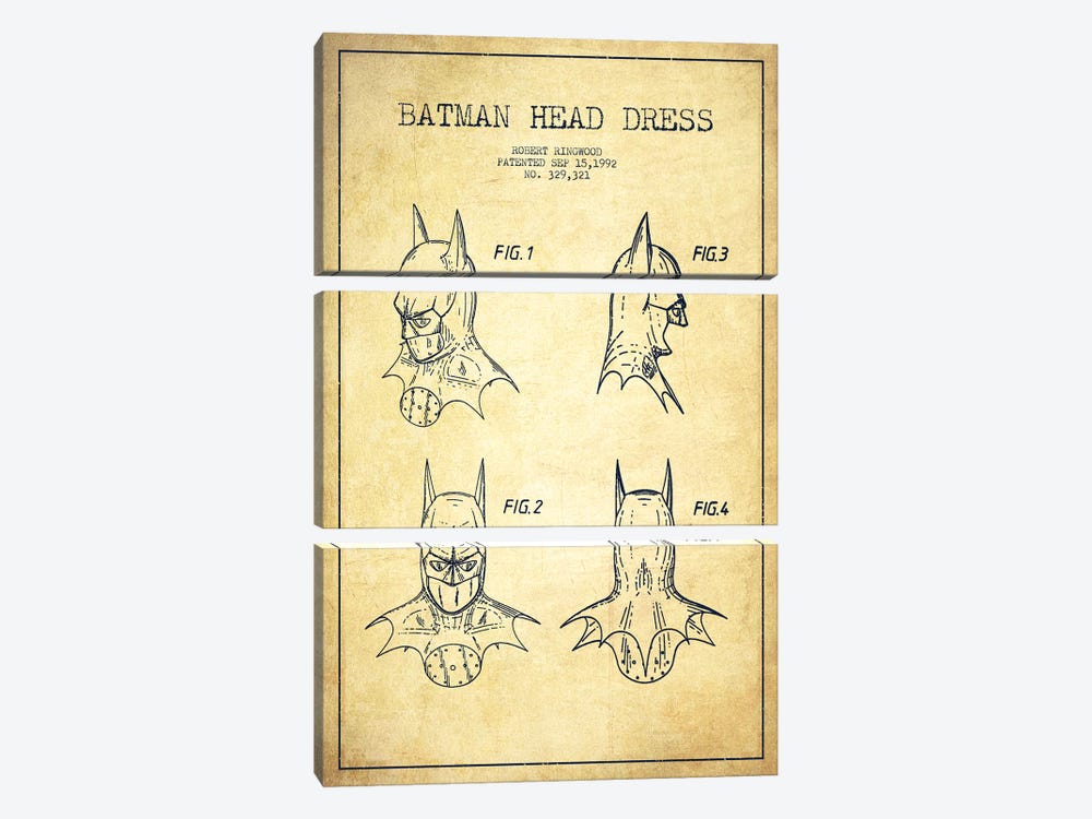 Robert Ringwood Batman Head Dress Patent Sketch (Vintage) by Aged Pixel 3-piece Canvas Wall Art