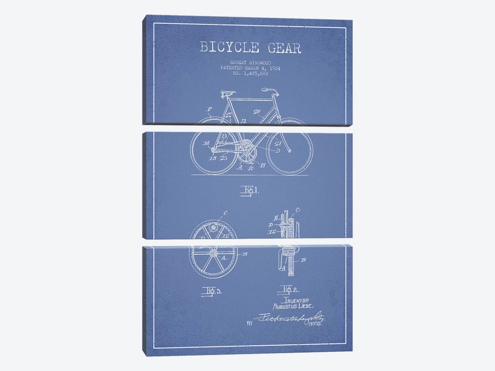 Robert Ringwood Bicycle Gear Patent Sketch (Light Blue) by Aged Pixel 3-piece Canvas Artwork