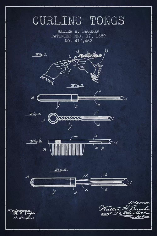 Curling Tongs Navy Blue Patent Blueprint by Aged Pixel wall art
