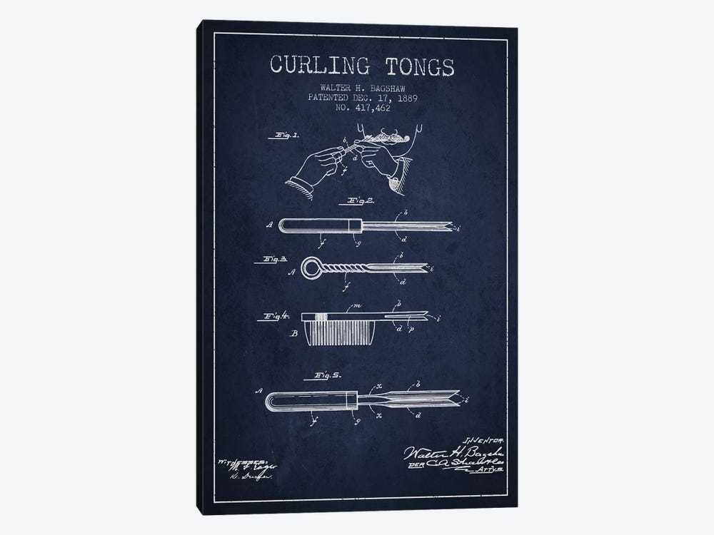 Curling Tongs Navy Blue Patent Blueprint by Aged Pixel 1-piece Canvas Artwork