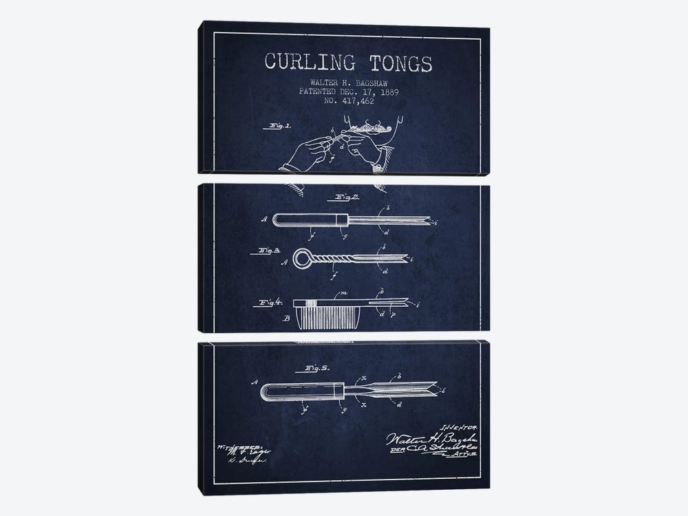 Curling Tongs Navy Blue Patent Blueprint by Aged Pixel 3-piece Canvas Art