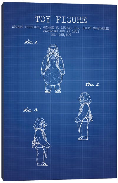 S. Freeborn & G. Lucas & R. McQuarrie Ugnaught Action Figure Patent Sketch (Blue Grid) Canvas Art Print - Toy & Game Blueprints