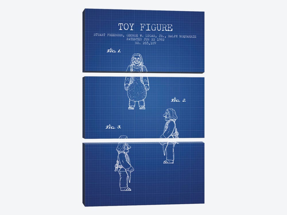 S. Freeborn & G. Lucas & R. McQuarrie Ugnaught Action Figure Patent Sketch (Blue Grid) by Aged Pixel 3-piece Canvas Art