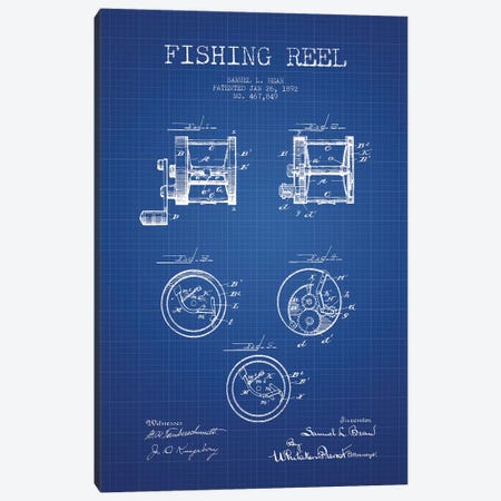 Samuel L. Bean Fishing Reel Patent Sketch (Blue Grid) Canvas Print #ADP3113} by Aged Pixel Art Print