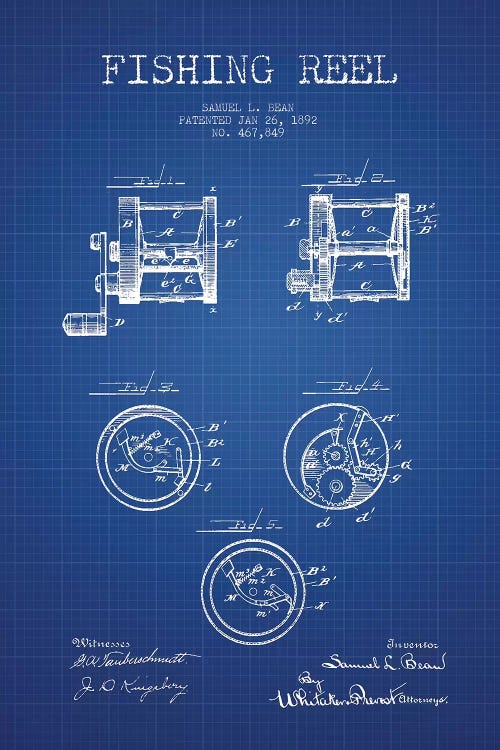 Samuel L. Bean Fishing Reel Patent Sketch (Blue Grid)