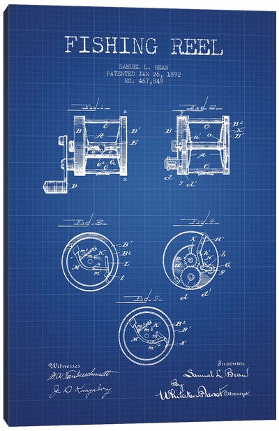 Samuel L. Bean Fishing Reel Patent Sketch (Blue Grid) Canvas Art Print