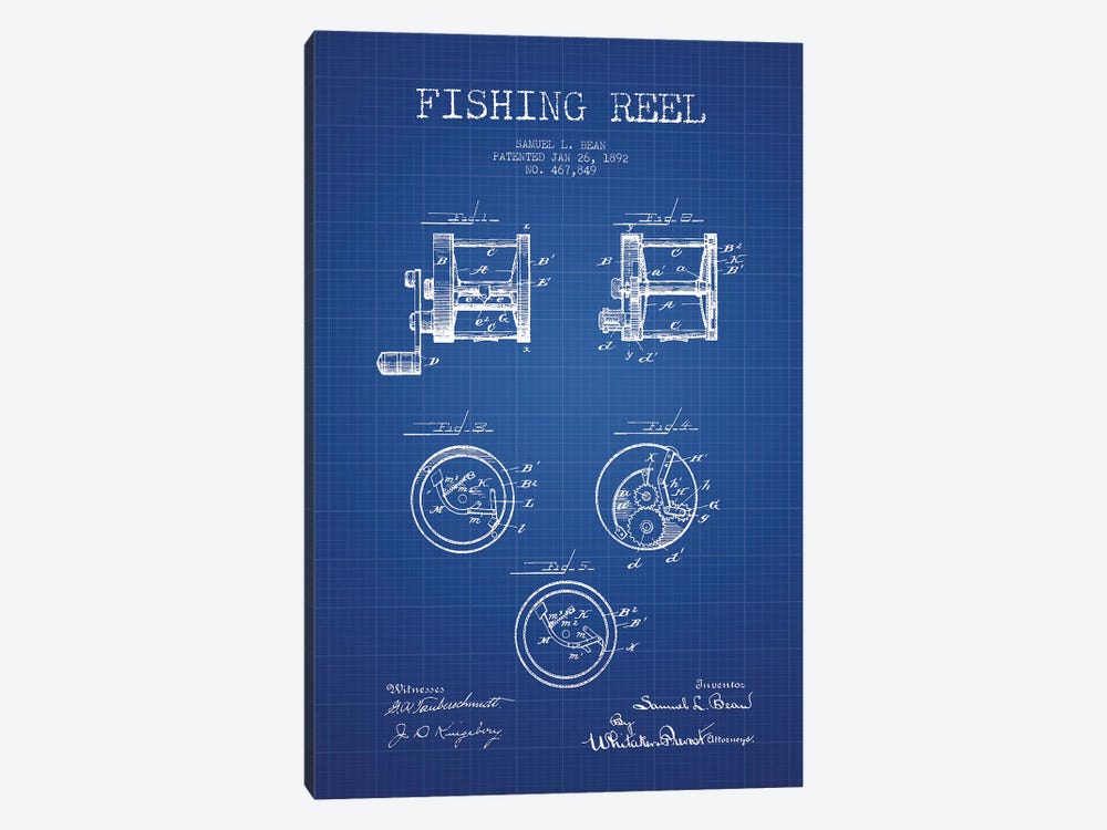 Samuel L. Bean Fishing Reel Patent Sketch (Blue Grid) by Aged Pixel 1-piece Art Print