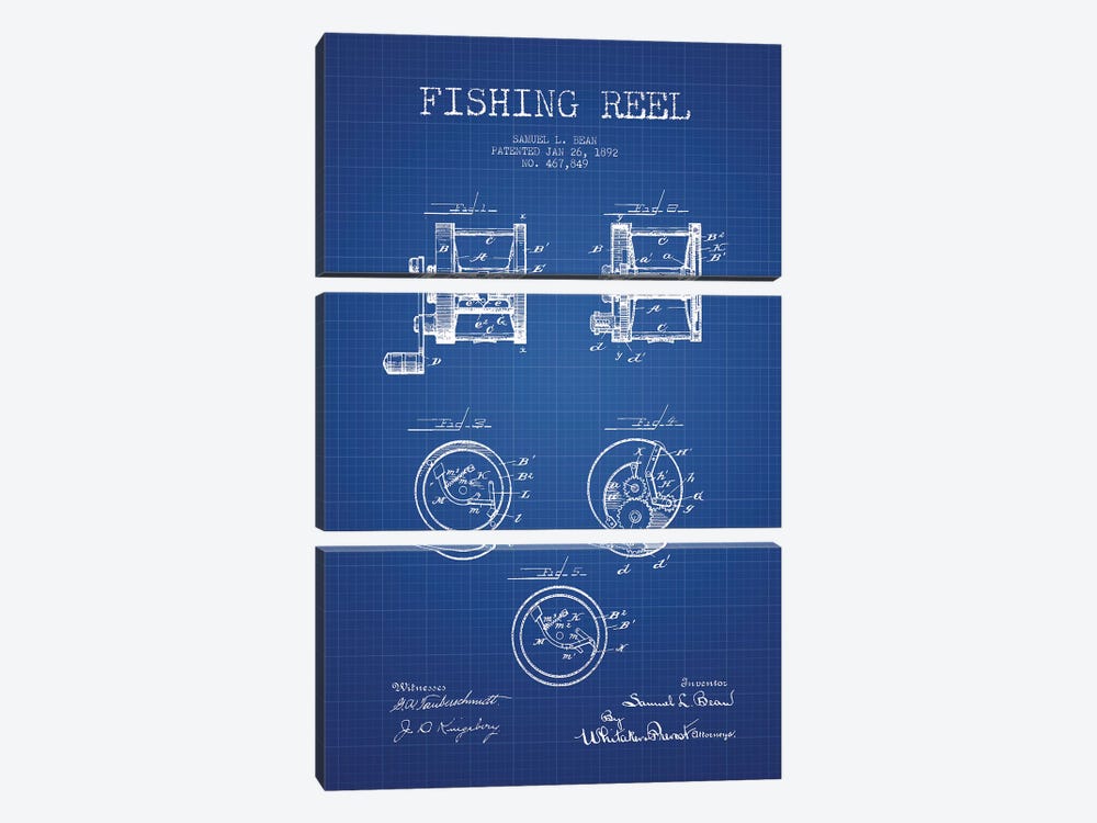 Samuel L. Bean Fishing Reel Patent Sketch (Blue Grid) by Aged Pixel 3-piece Canvas Print
