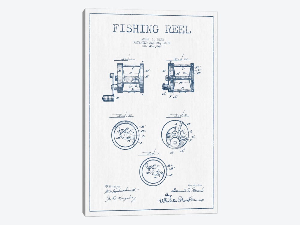 Samuel L. Bean Fishing Reel Patent Sketch (Ink) by Aged Pixel 1-piece Canvas Artwork