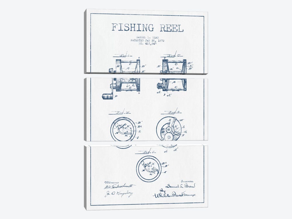 Samuel L. Bean Fishing Reel Patent Sketch (Ink) by Aged Pixel 3-piece Canvas Wall Art