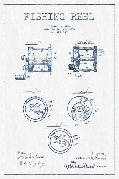 Sports Blueprints: Samuel L. Bean Fishing Reel Patent Sketch (Ink) by Aged Pixel