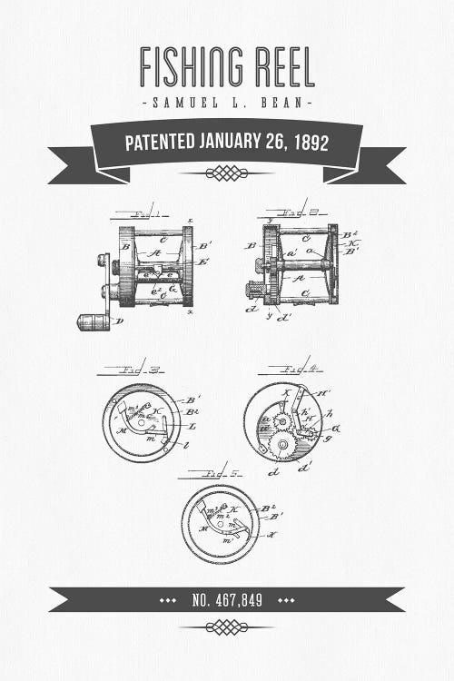 Samuel L. Bean Fishing Reel Patent Sketch Retro (Charcoal)