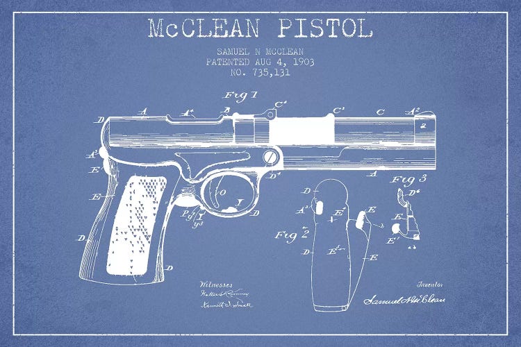 Samuel N. McClean McClean Pistol Patent Sketch (Light Blue) by Aged Pixel wall art