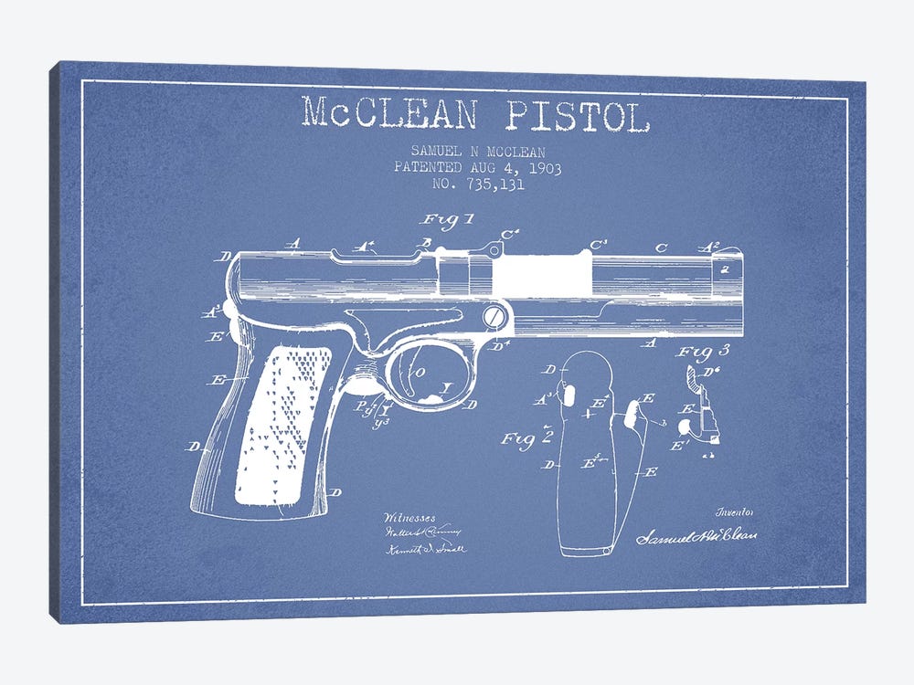 Samuel N. McClean McClean Pistol Patent Sketch (Light Blue) by Aged Pixel 1-piece Canvas Art