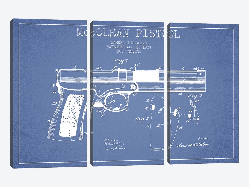 Samuel N. McClean McClean Pistol Patent Sketch (Light Blue) by Aged Pixel 3-piece Canvas Wall Art