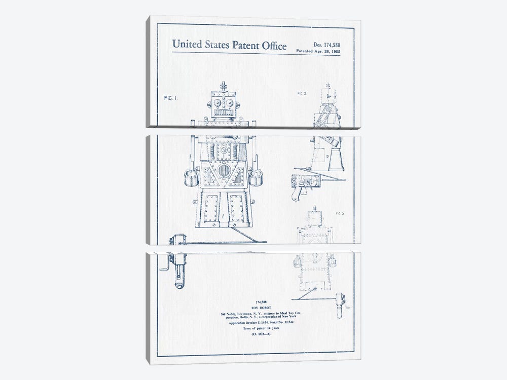 Sid Noble Toy Robot Patent Sketch (Ink) by Aged Pixel 3-piece Canvas Art Print