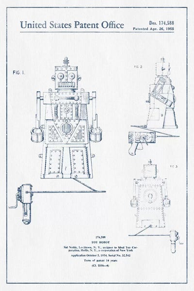 Toy & Game Blueprints: Sid Noble Toy Robot Patent Sketch (Ink) by Aged Pixel